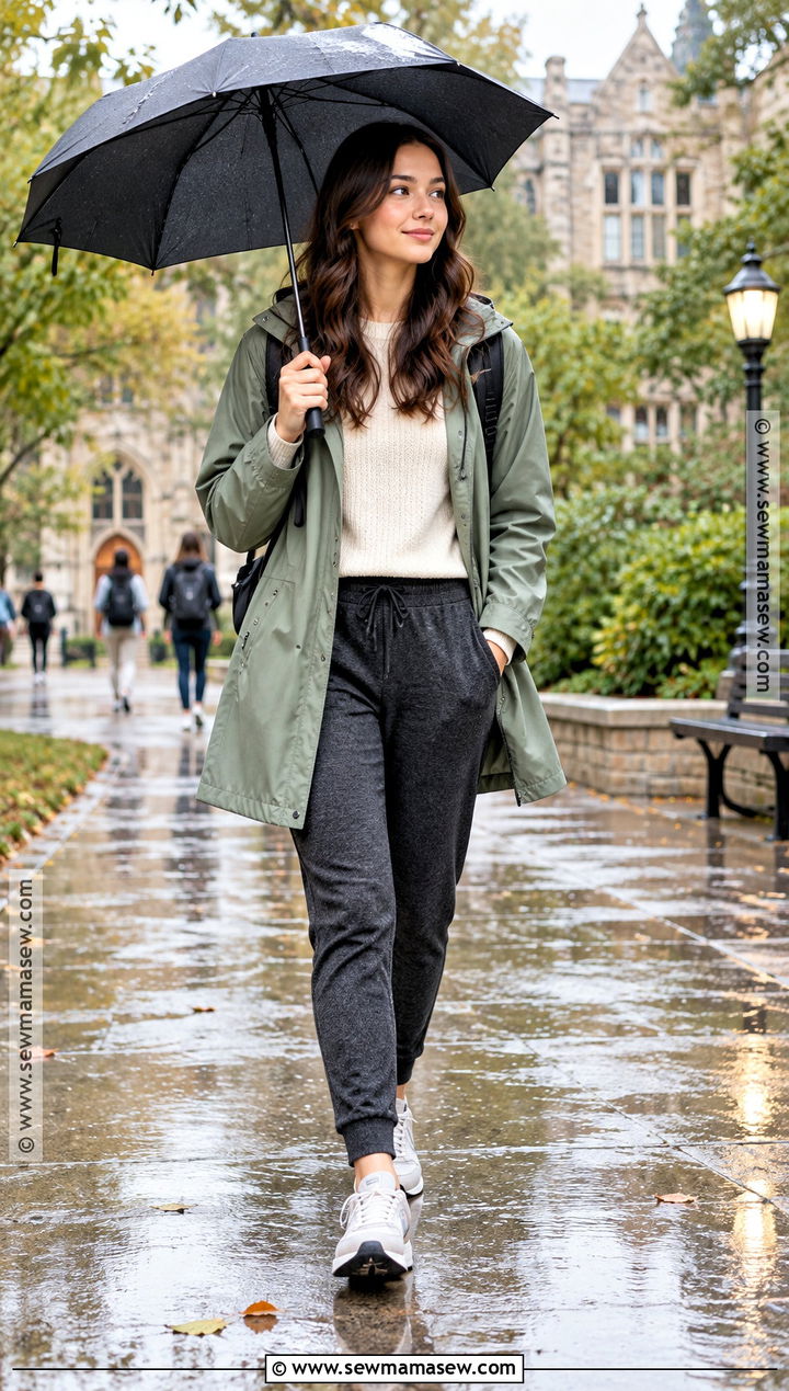 Raincoat And Knit Joggers Autumn Uni Outfit - 25 autumn uni outfits