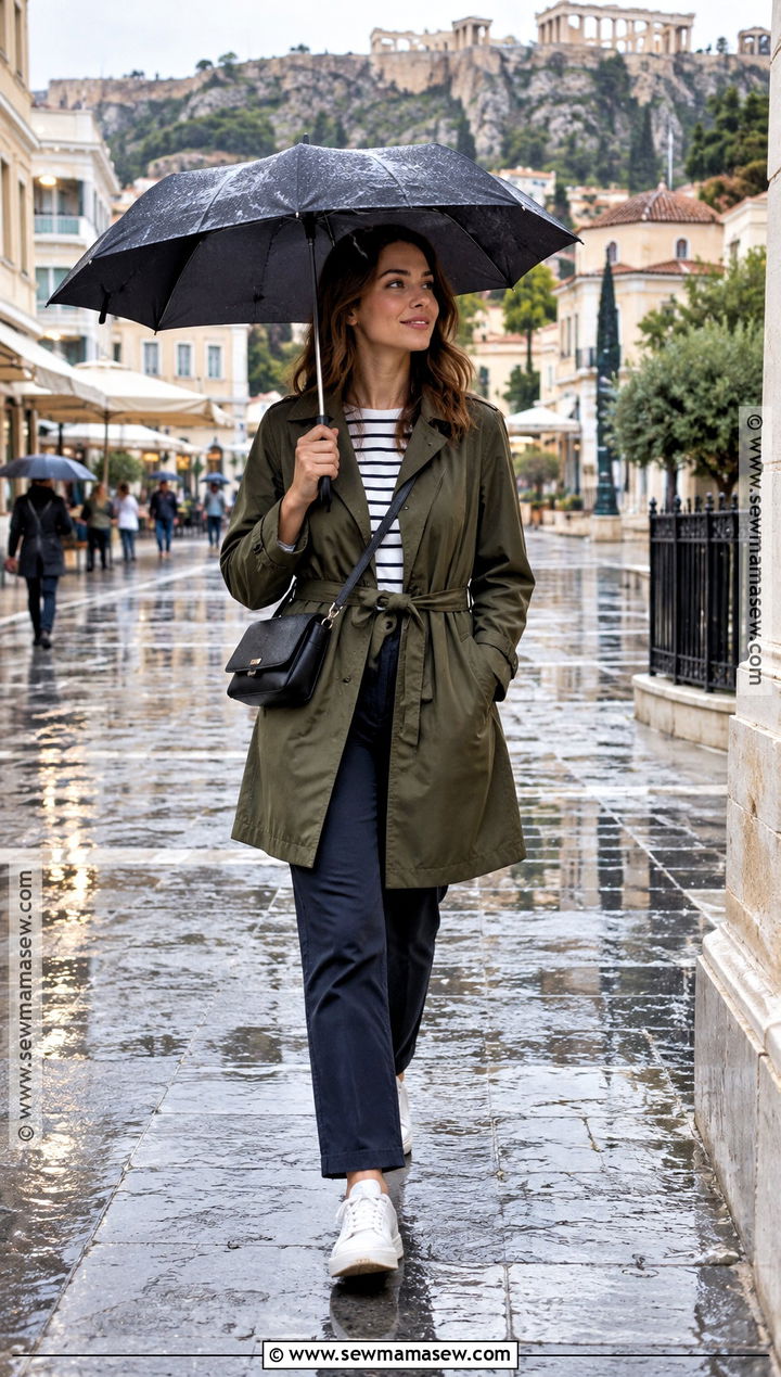 Raincoat And Straight Leg Pants Greece Outfit - 15 greece outfits for october