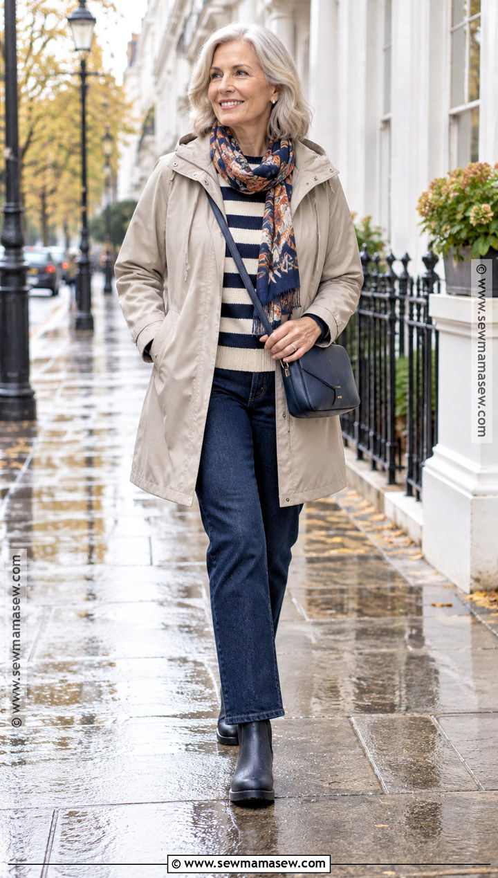 Raincoat And Striped Sweater Fall Outfit - 20 Fall Fashion Over 60 Ideas for Women