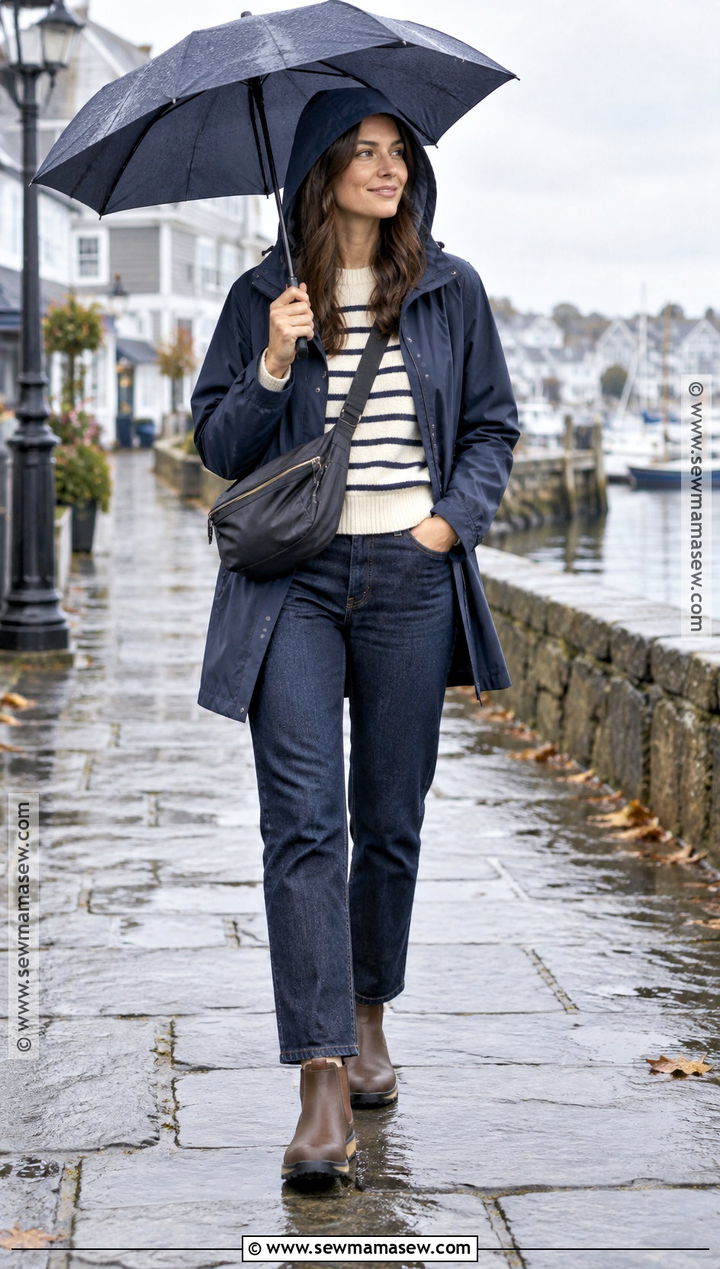 Raincoat And Striped Sweater Fall Travel Outfit - 25 fall travel outfit ideas