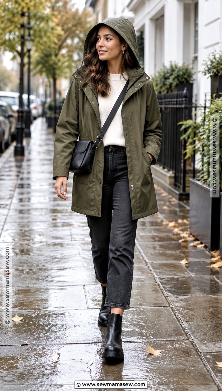 Raincoat Fall Outfit With A Sweater And Chelsea Boots - 25 cosy fall outfits