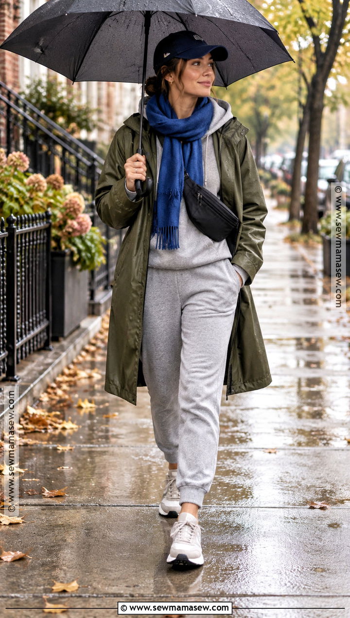 Raincoat Fall Outfit With Joggers And Sneakers - 15 fall outfit collage with accessories