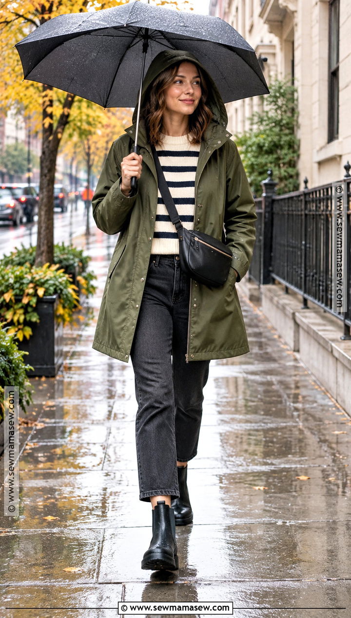 Raincoat Fall Outfit With Sweater And Jeans - 30 fall fit ideas