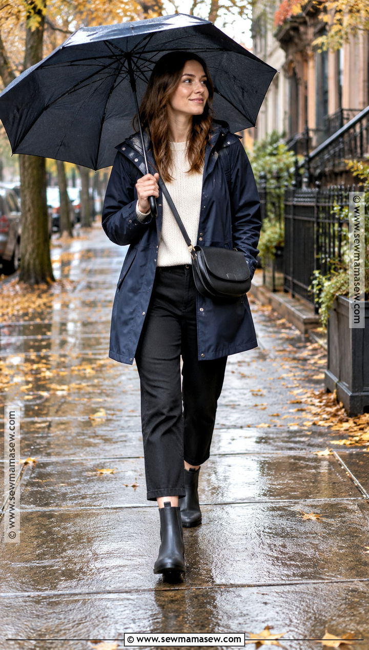 Raincoat Fine Knit Sweater Cropped Pants And Rain Boots Fall Outfit - 25 fall fit ideas