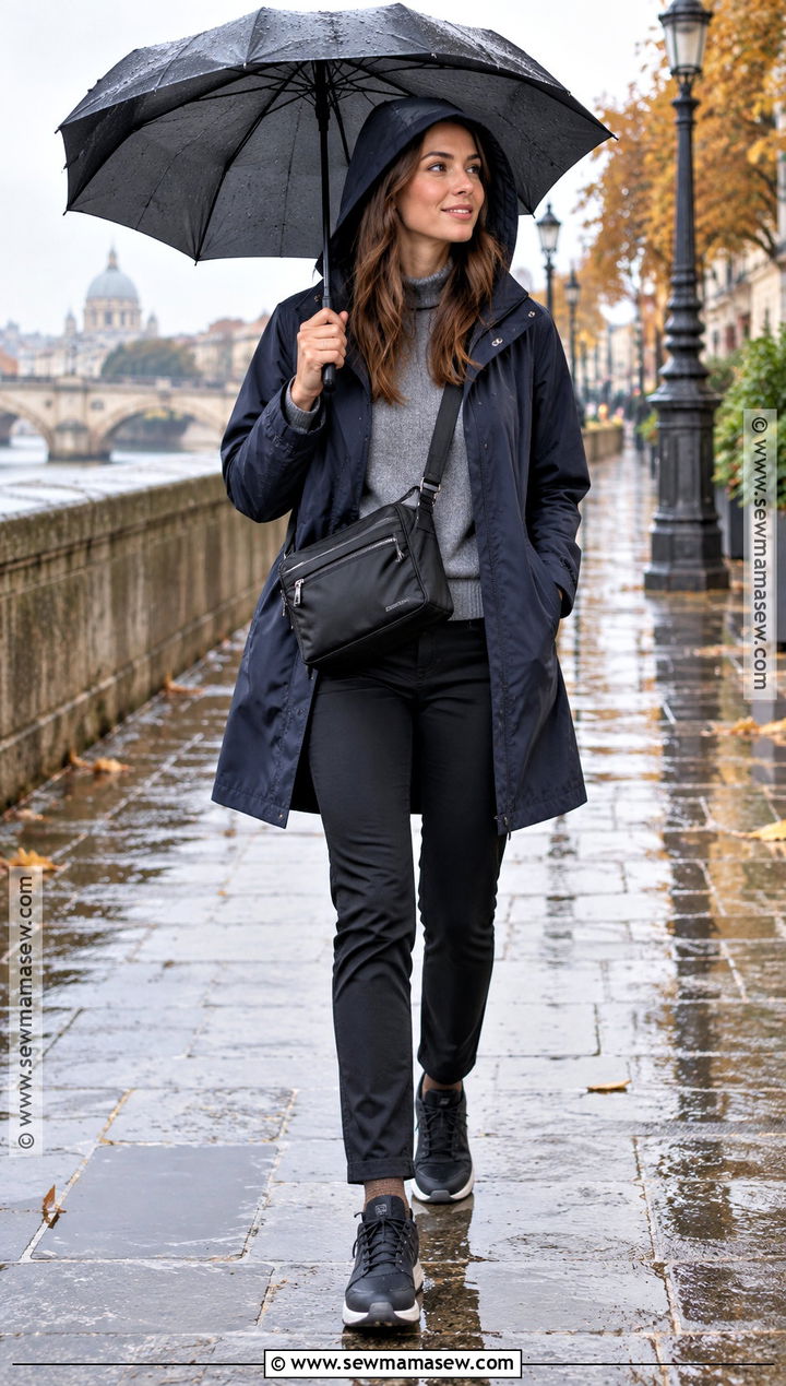 Raincoat Merino Sweater Black Pants And Waterproof Sneakers - 20 Fall Travel Capsule Wardrobe Europe Ideas