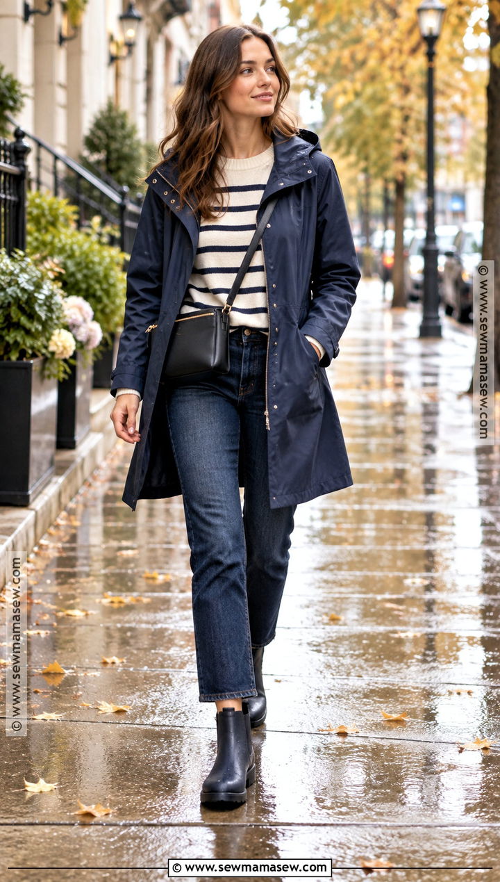 Raincoat Striped Sweater And Jeans Fall Outfit - 25 cool fall outfits