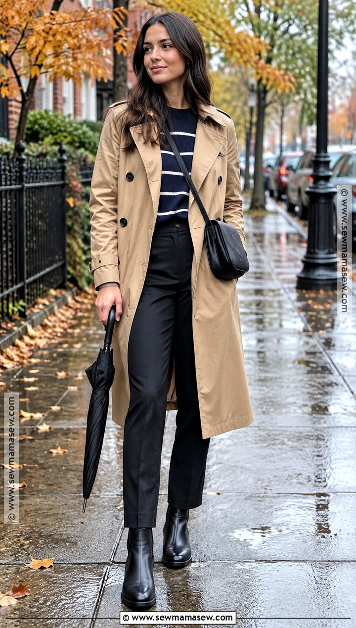 Raincoat Striped Sweater Trousers And Waterproof Boots Fall Capsule Outfit - 25 fall capsule wardrobe ideas