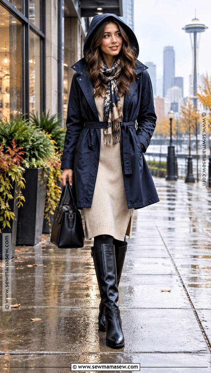Raincoat Sweater Dress And Tall Boots Seattle Fall Outfit - 20 Fall Seattle Outfits