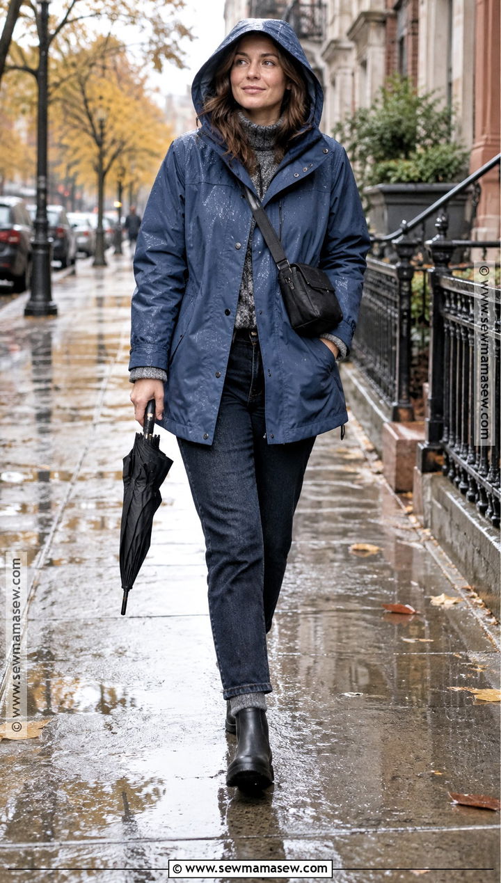 Raincoat Sweater Jeans and Rain Boots - 20 cold fall day outfit ideas