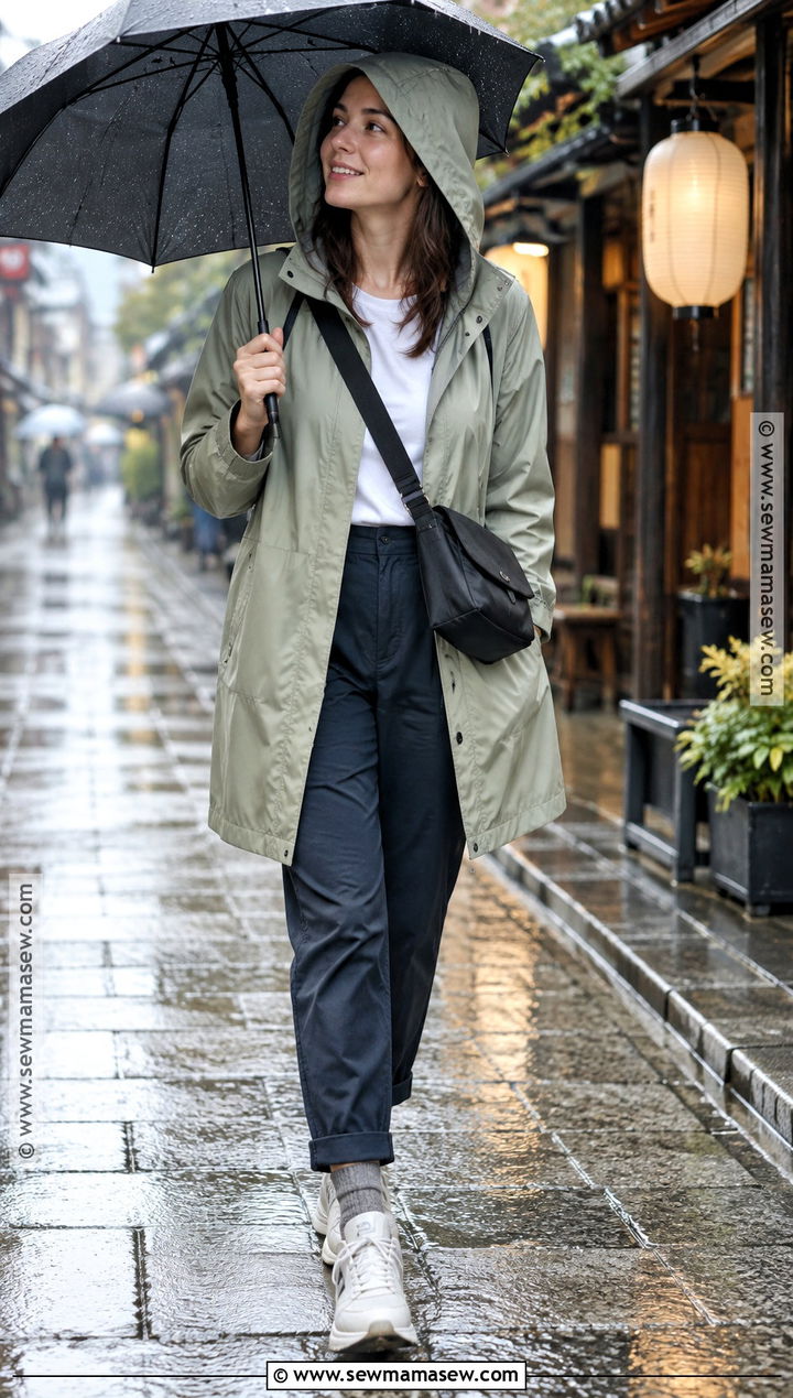 Raincoat T Shirt And Ankle Pants Japan Autumn Outfit - 20 japan travel outfit autumn ideas