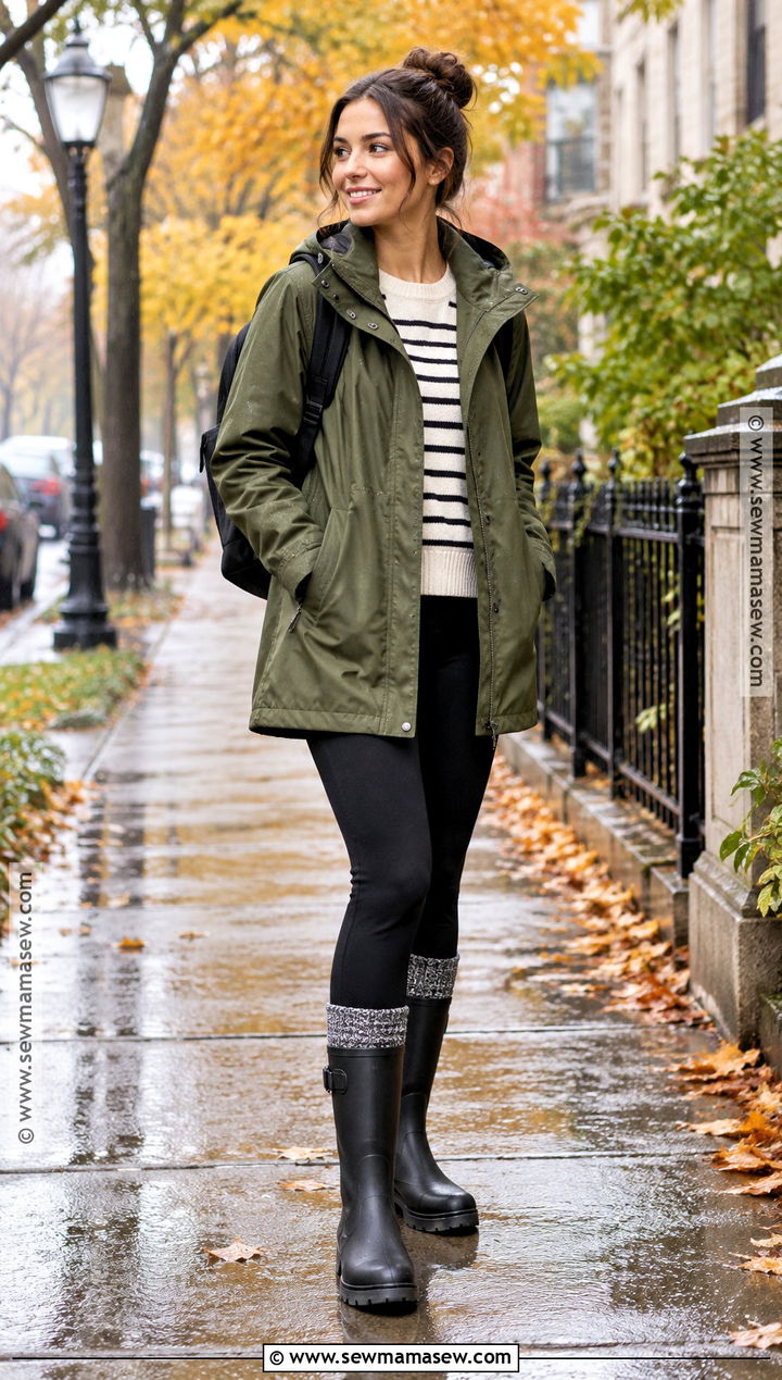 Raincoat With Fleece Leggings And Rain Boots - 20 Fall Outfits Women Leggings