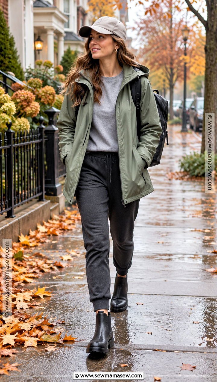 Raincoat With Joggers And Short Rain Boots - 15 Autumn Outfit With Rain Boots