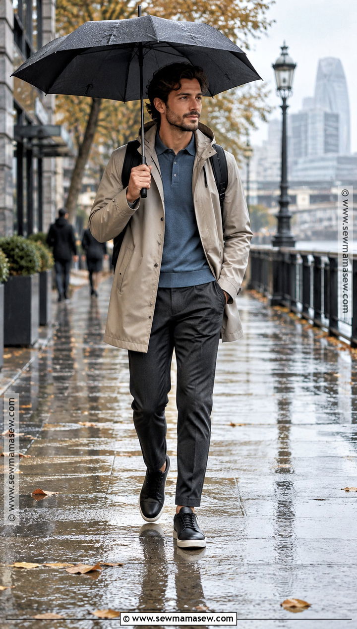 Raincoat With Knit Polo And Technical Trousers - 15 Male Outfits Autumn