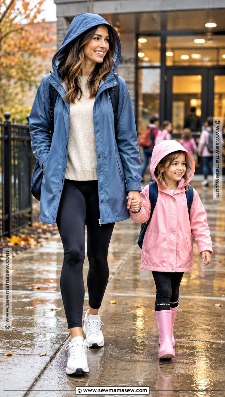 Raincoat With Lightweight Sweater Leggings and Waterproof Sneakers - 20 Simple Fall Outfits for Moms