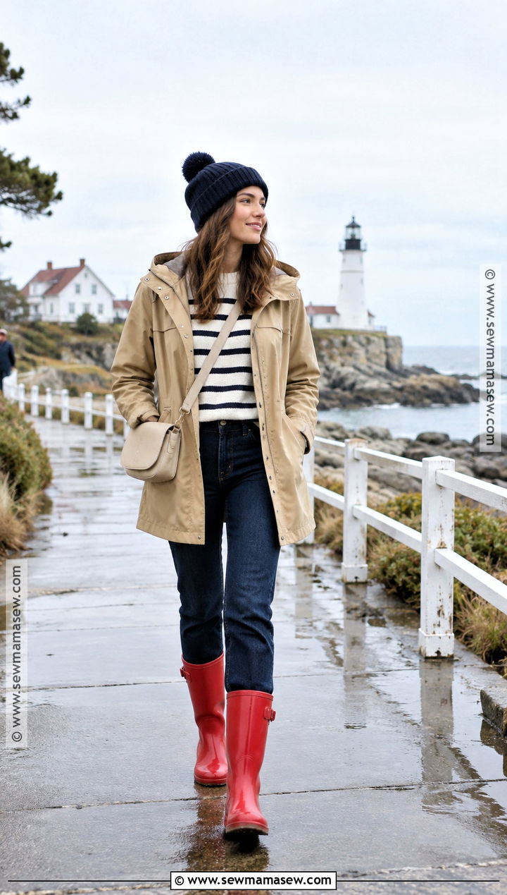 Raincoat With Striped Sweater And Red Rain Boots - 15 Fall Fashion Rain Boot Ideas