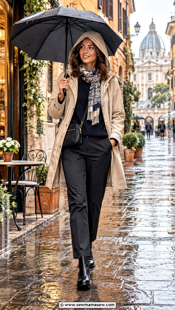 Raincoat With Sweater And Water Resistant Pants - 15 Fall Outfits In Italy for Women