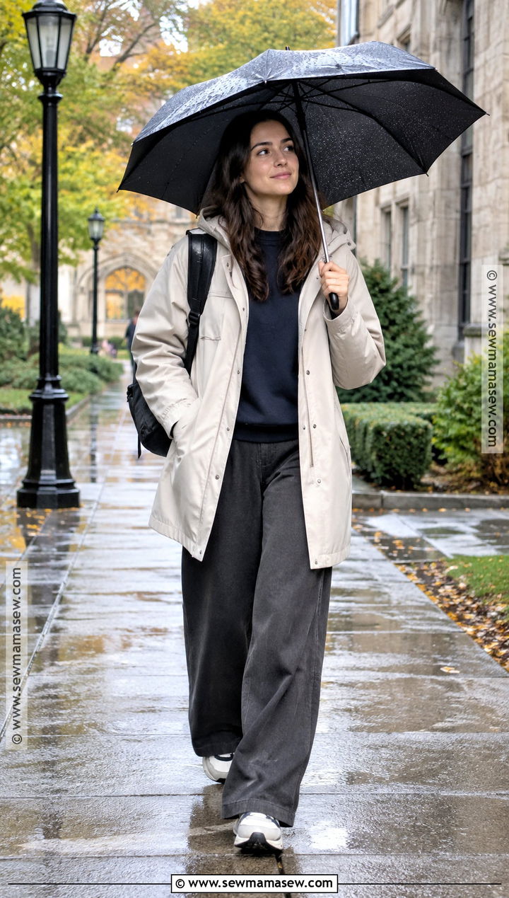Raincoat With Sweatshirt And Wide Leg Pants - 15 back to school outfits grad school
