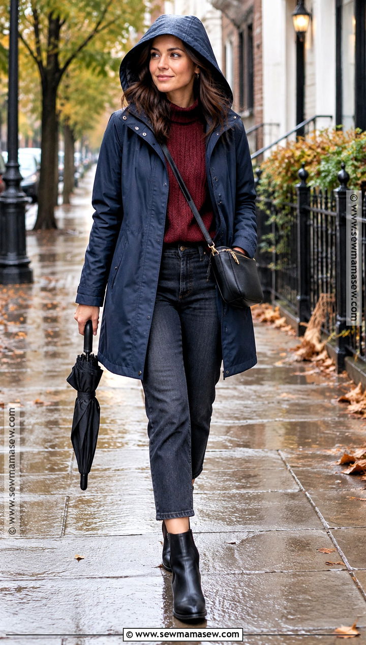 Raincoat and Ankle Jeans Fall Rainy Day Outfit - 15 fall weekend getaway outfits capsule wardrobe