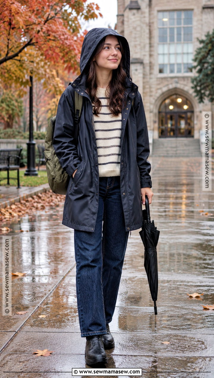 Raincoat and Dark Wash Jeans School Outfit - 25 outfits for school autumn