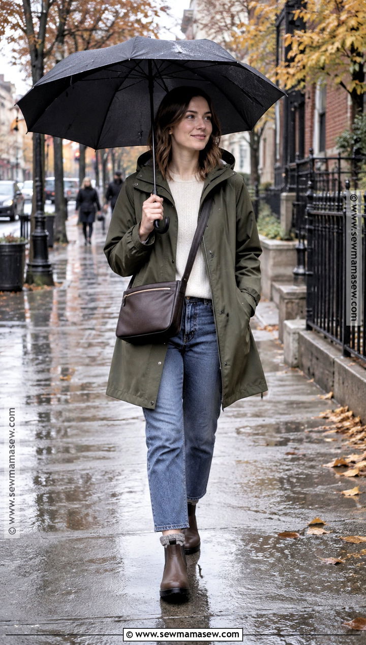 Raincoat and Sweater Jeans Fall Outfit - 20 fall warm outfits