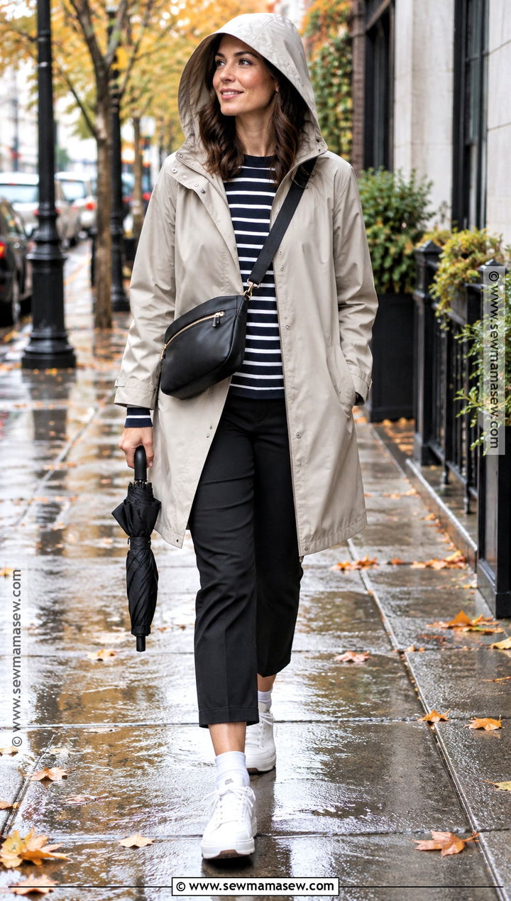 Raincoat and Waterproof Sneakers Fall Travel Outfit - 15 fall travel outfits for women 2026
