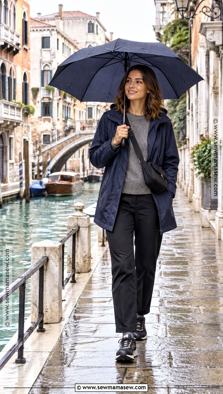 Raincoat and Waterproof Sneakers Venice Outfit - 20 Fall Italy Travel Outfits for Women