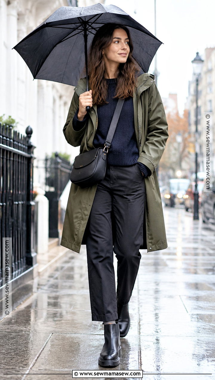 Rainy Autumn Travel Outfit With Raincoat And Chelsea Boots - 20 autumn travel outfit ideas