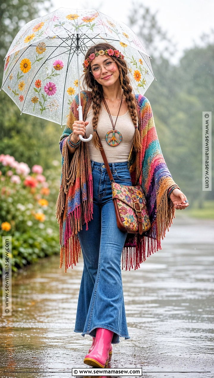 Rainy Day Hippie Costume With Colorful Poncho - 45 hippie costume ideas