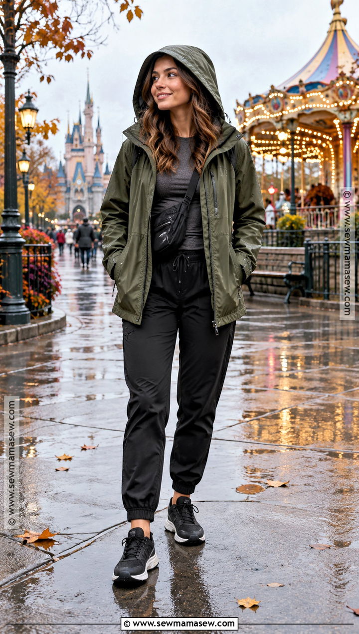 Rainy Fall Amusement Park Jacket And Joggers Outfit - 15 amusement park outfit fall ideas
