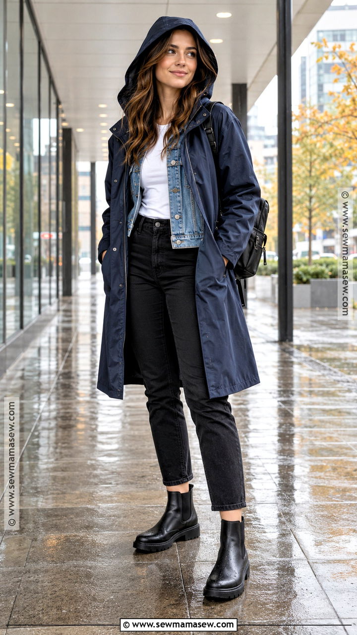 Rainy Fall Denim Jacket And Waterproof Coat Outfit - 20 rainy fall outfit casual ideas