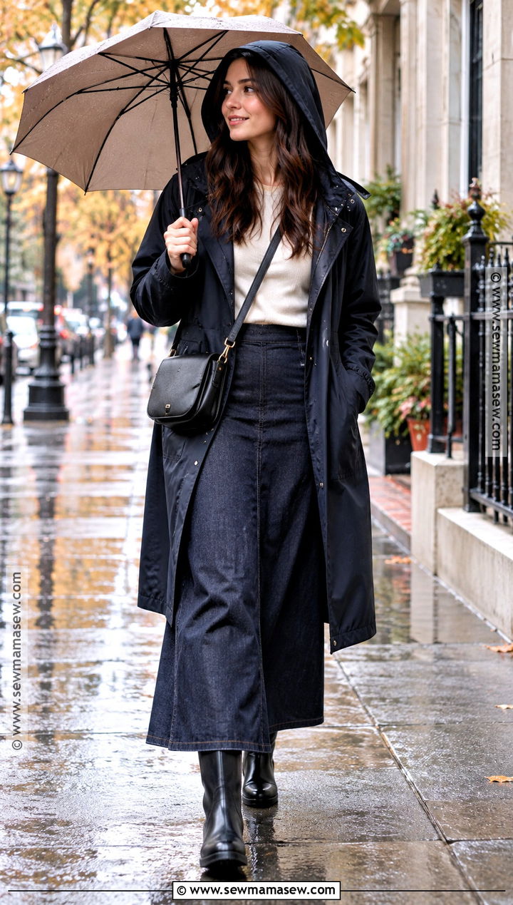 Rainy Fall Long Skirt Outfit With Waterproof Boots And Jacket - 25 long skirt outfits for fall