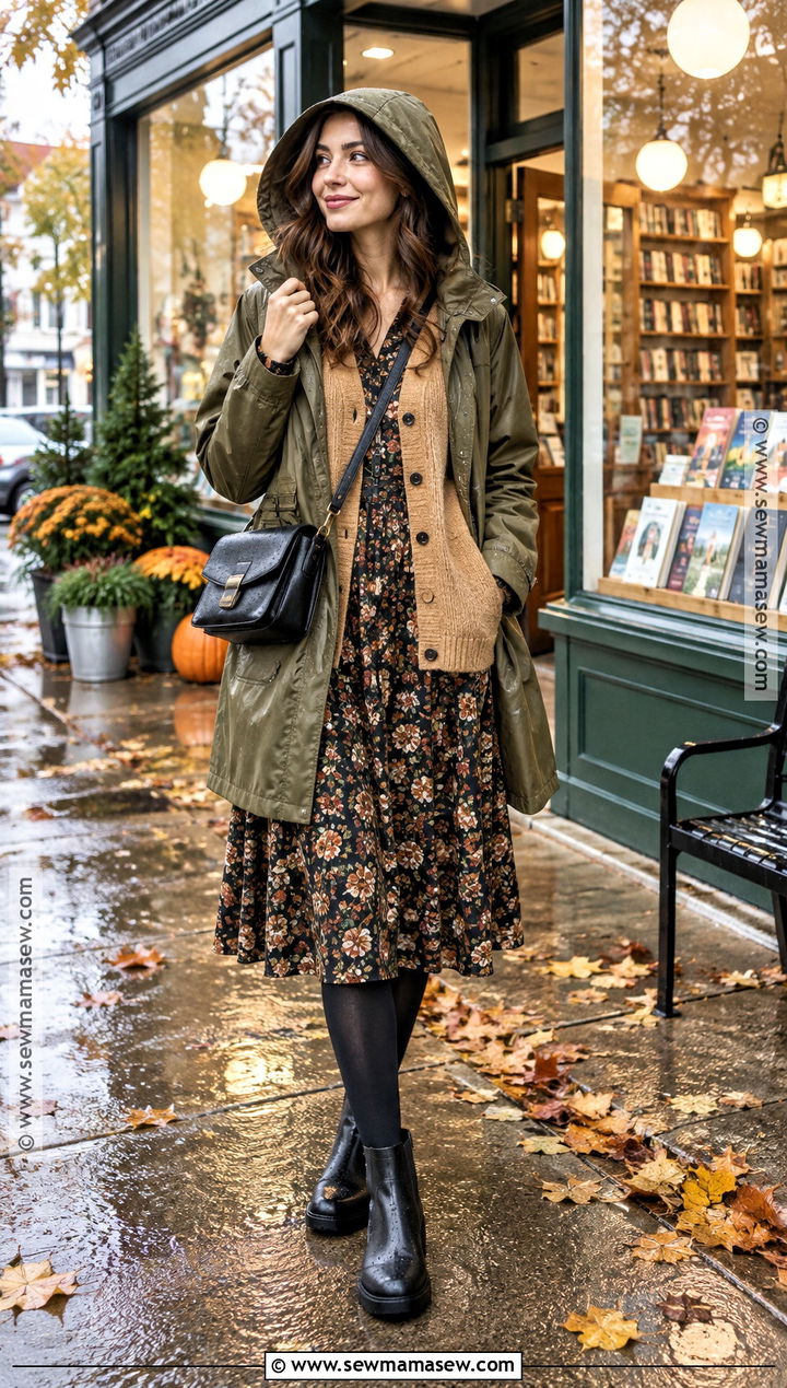 Rainy Fall Midi Dress Outfit With A Cardigan And Ankle Boots - 15 casual rainy day outfit fall ideas