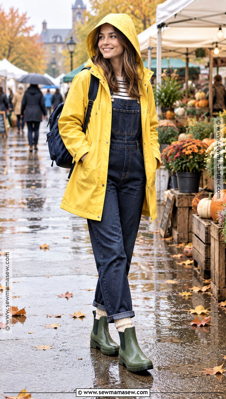 Rainy Fall Overalls And Hooded Raincoat Outfit - 20 rainy fall outfit casual ideas