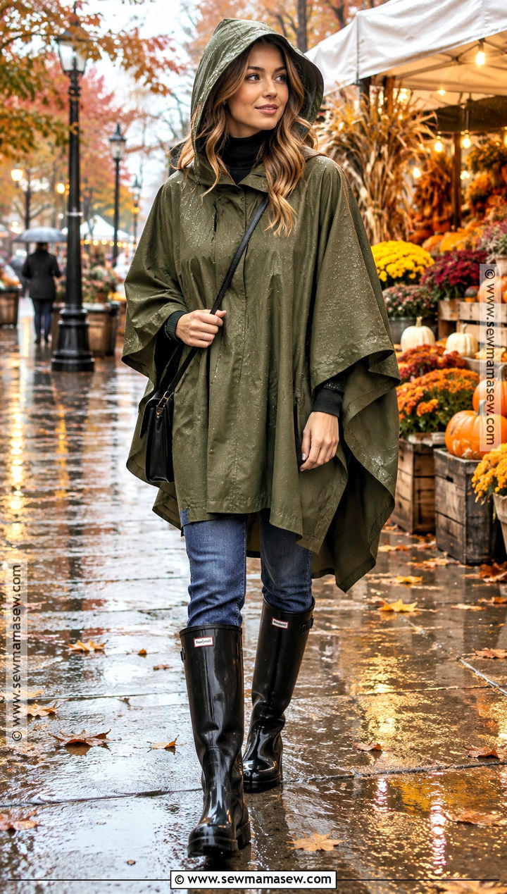 Rainy Fall Poncho Outfit With Jeans And Knee High Boots - 15 casual rainy day outfit fall ideas