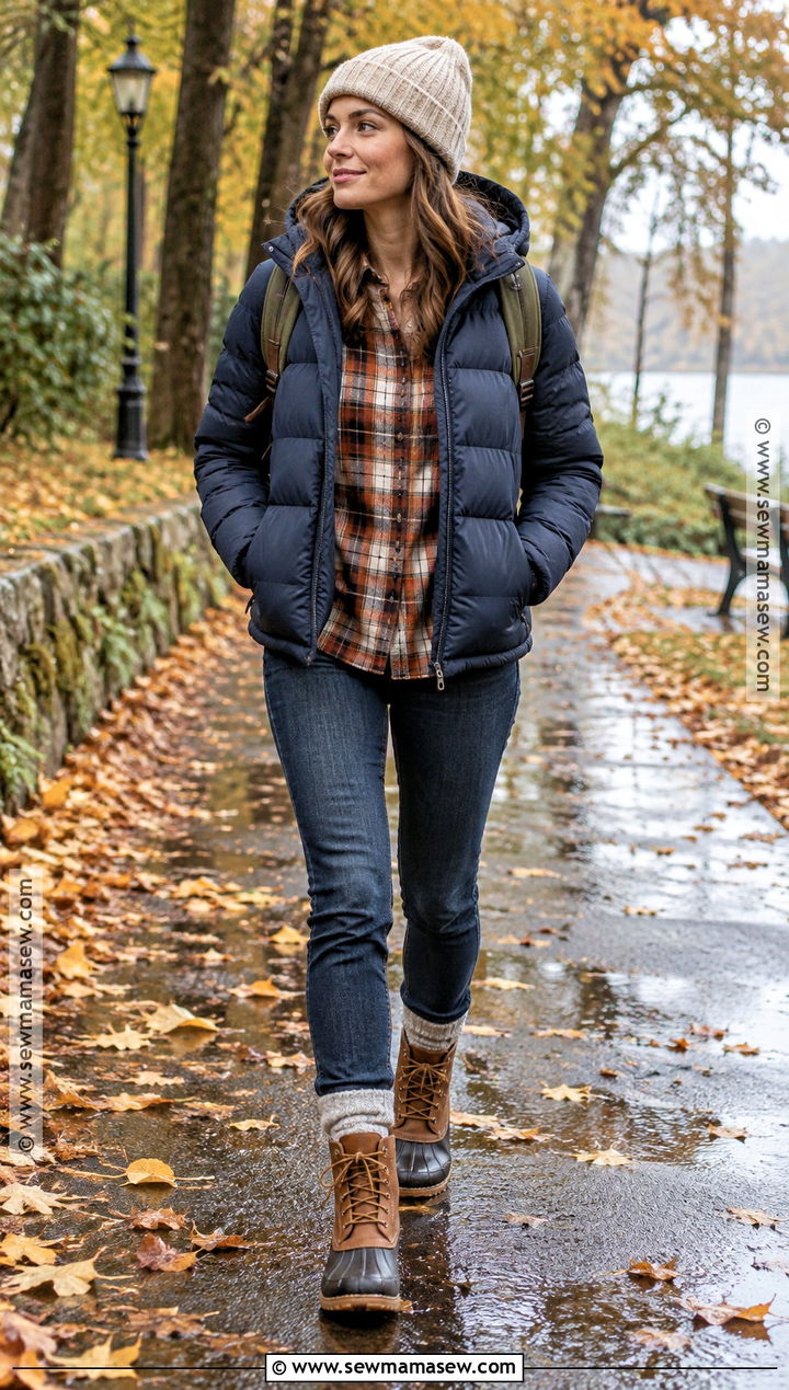 Rainy Fall Puffer Jacket Outfit With Plaid And Duck Boots - 15 casual rainy day outfit fall ideas