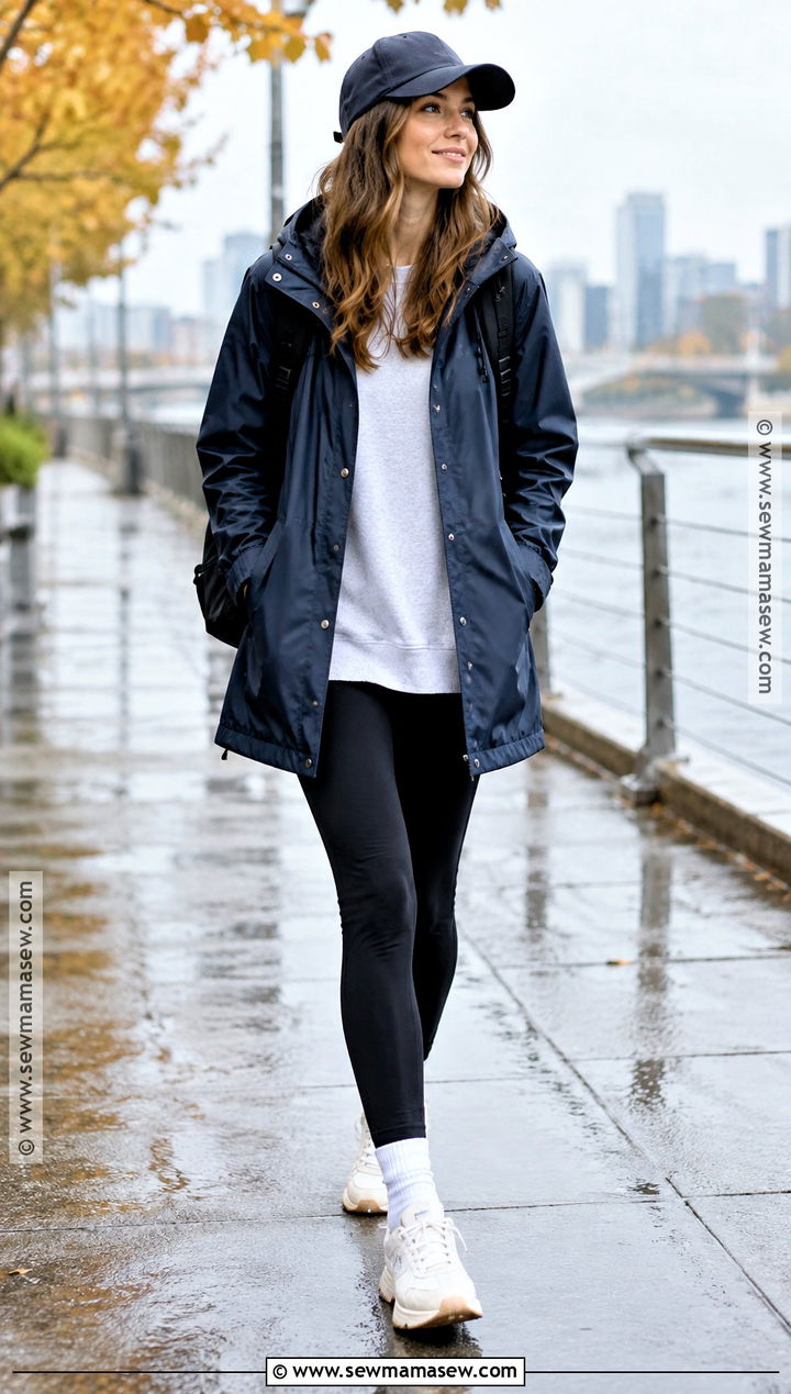 Rainy Fall Raincoat Outfit With Leggings And Waterproof Sneakers - 15 casual rainy day outfit fall ideas