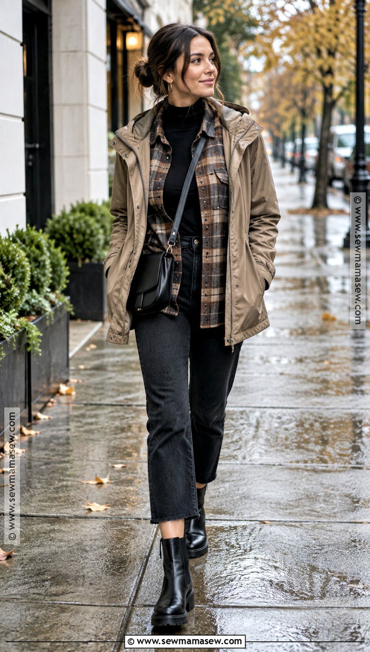 Rainy Fall Shacket Outfit With Black Jeans And Lug Sole Boots - 15 casual rainy day outfit fall ideas