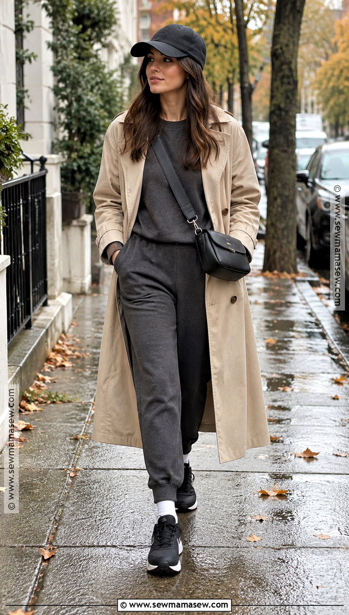 Rainy Fall Sweatshirt Outfit With Joggers And A Trench Coat - 15 casual rainy day outfit fall ideas