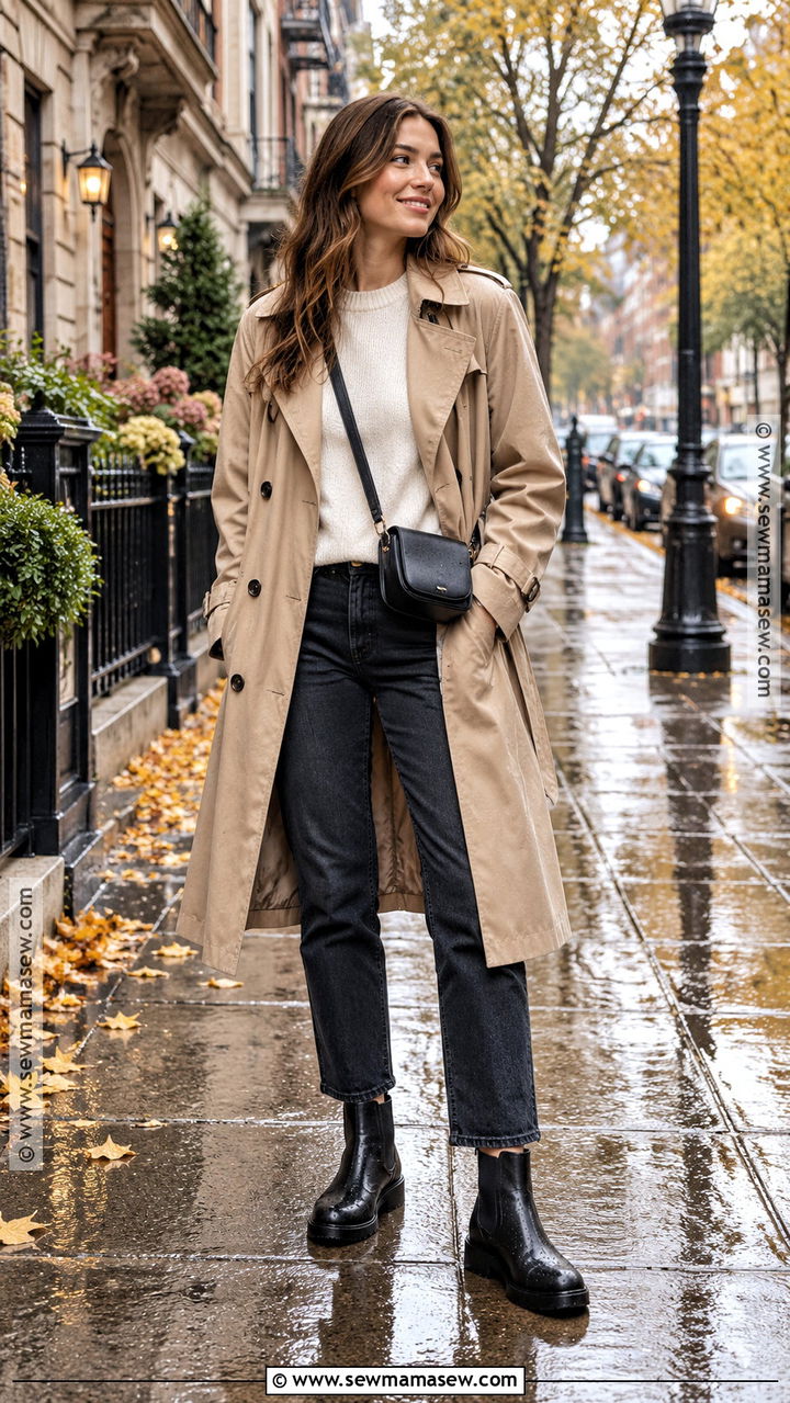 Rainy Fall Trench Coat And Straight Leg Jeans Outfit - 20 rainy fall outfit casual ideas