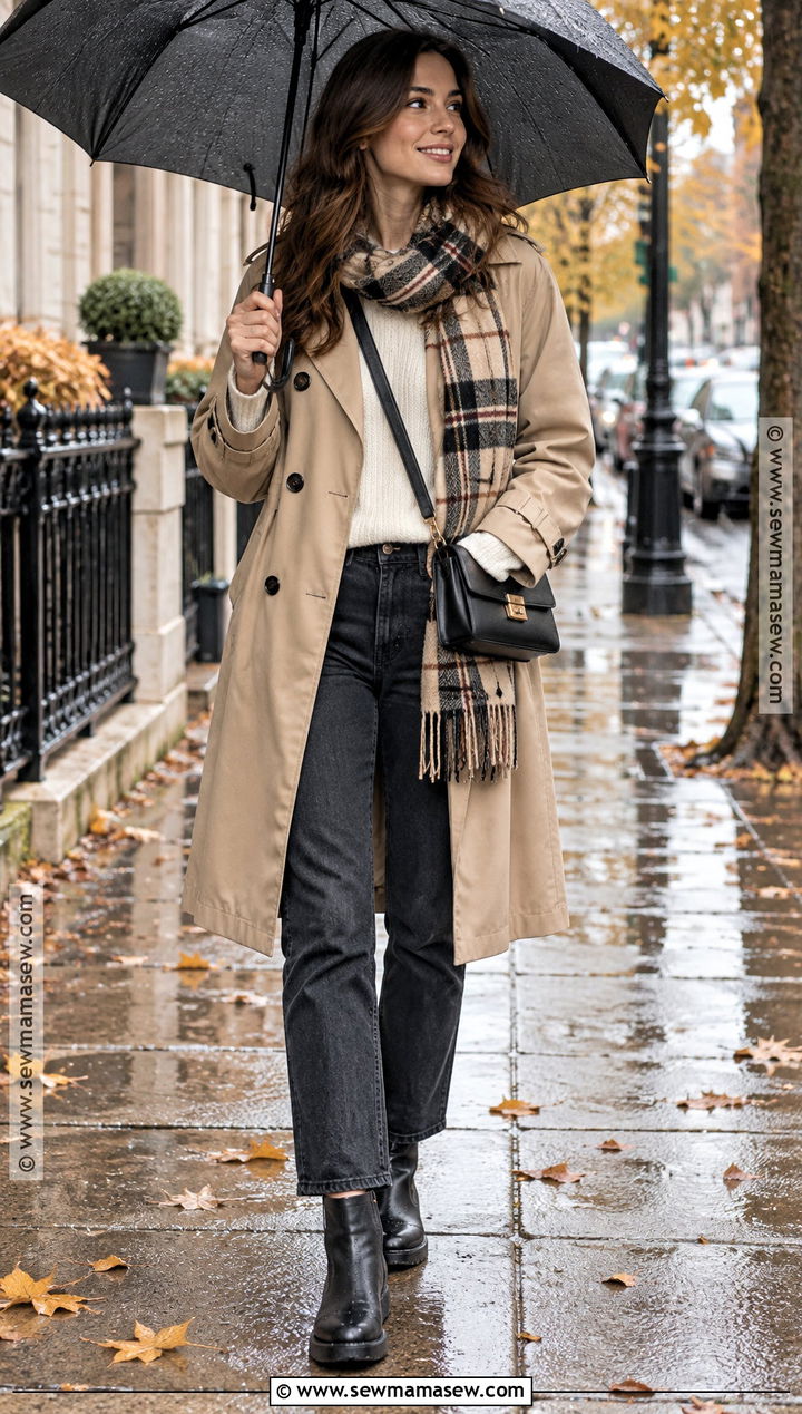 Rainy Fall Trench Coat Outfit With Jeans And Ankle Boots - 15 casual rainy day outfit fall ideas