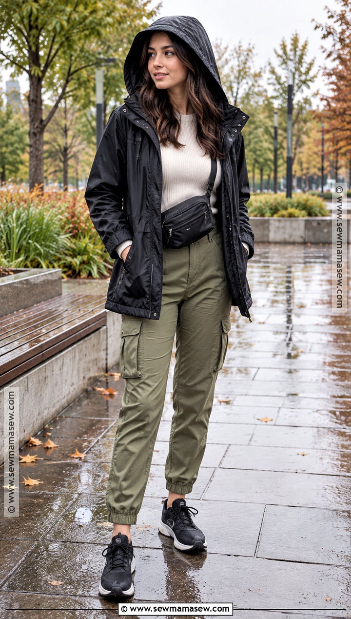 Rainy Fall Utility Jacket Outfit With Cargo Pants And Sneakers - 15 casual rainy day outfit fall ideas