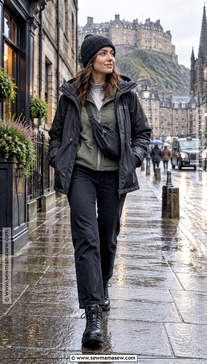 Rainy Scotland Outfit With Waterproof Shell And Black Jeans - 15 scotland travel outfits october