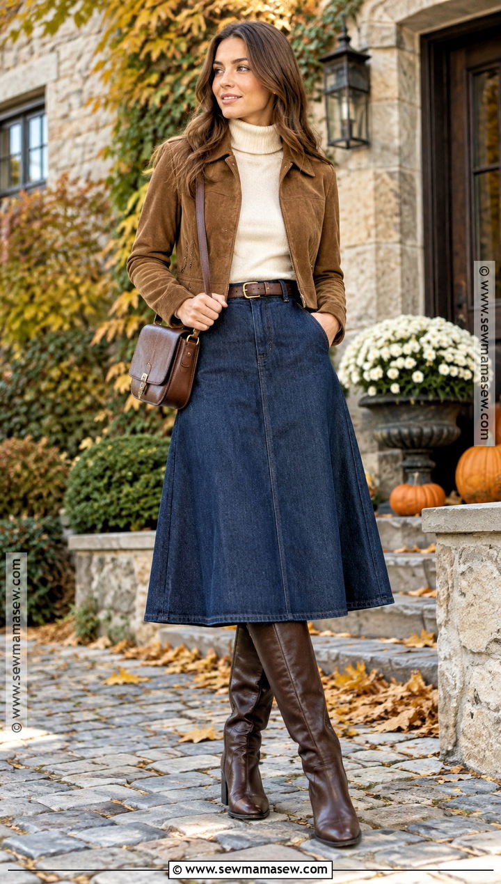 Ralph Lauren Suede Jacket And Denim Midi Skirt Outfit - 25 ralph lauren fall outfits