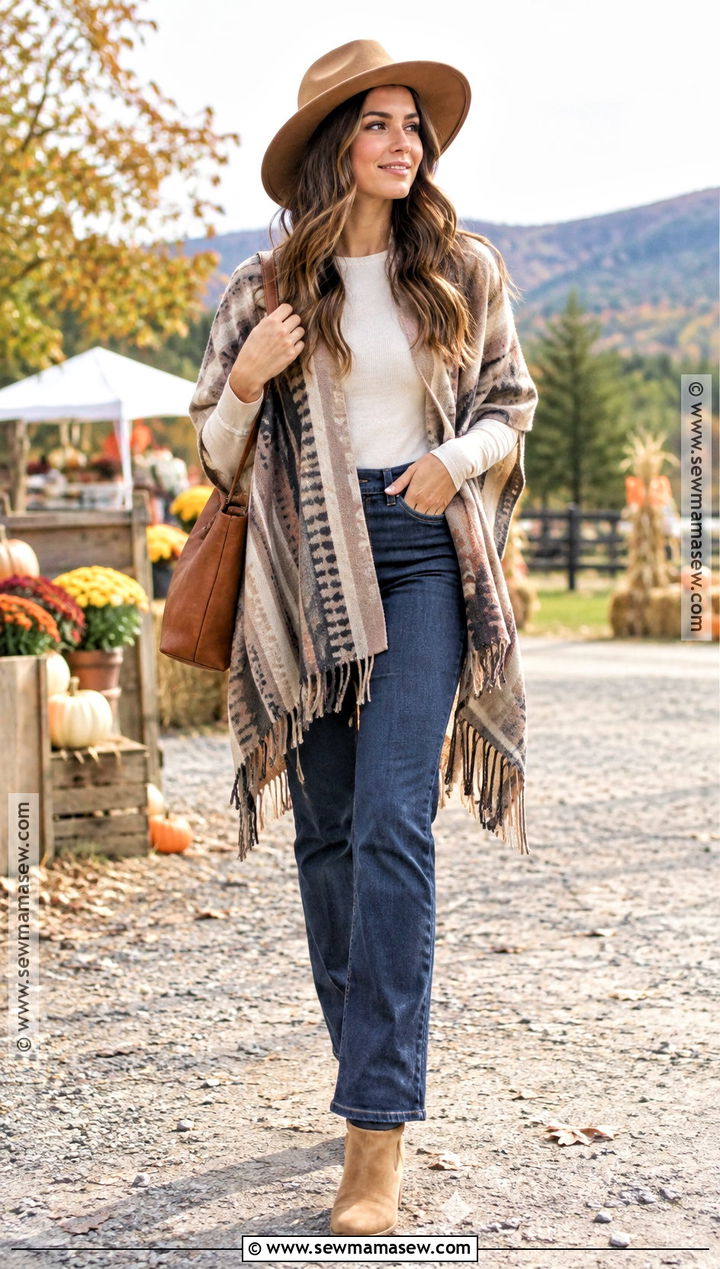 Rancher Hat With Poncho And Ankle Boots - 20 Fall Hats For Women Outfits