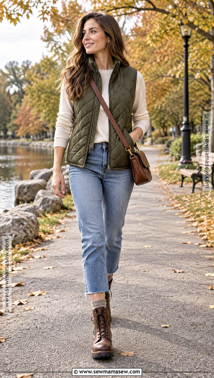 Raw Hem Jeans With Brown Combat Boots And Quilted Vest - 20 brown boots outfit fall jeans