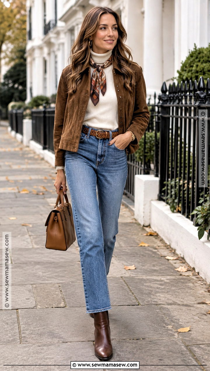 Raw Umber Suede Jacket and Jeans Outfit - 15 Fall 2026 Color Trends Fashion