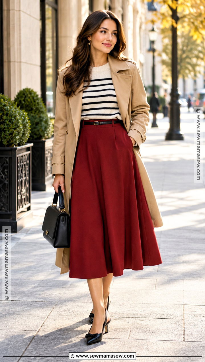 Red A Line Skirt With Striped Sweater And Slingback Shoes - 20 fall fits skirt
