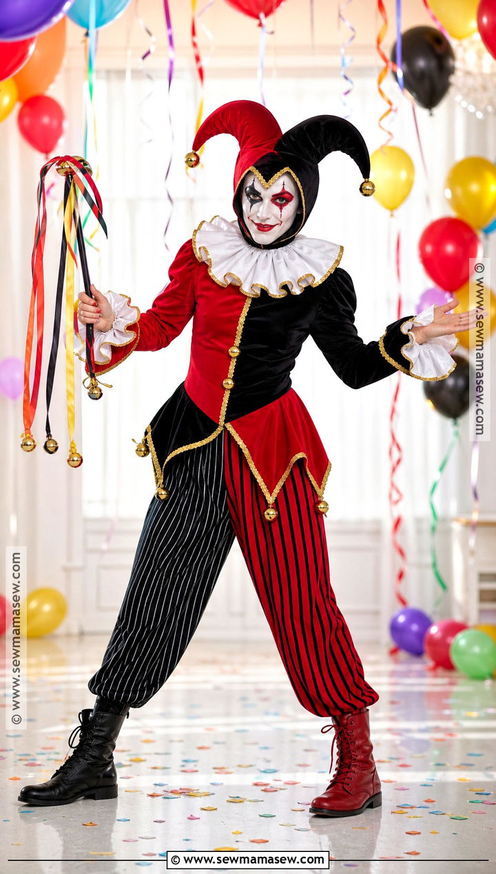 Red And Black Joker Costume With Striped Pants - 30 Deck Of Cards Costume Ideas
