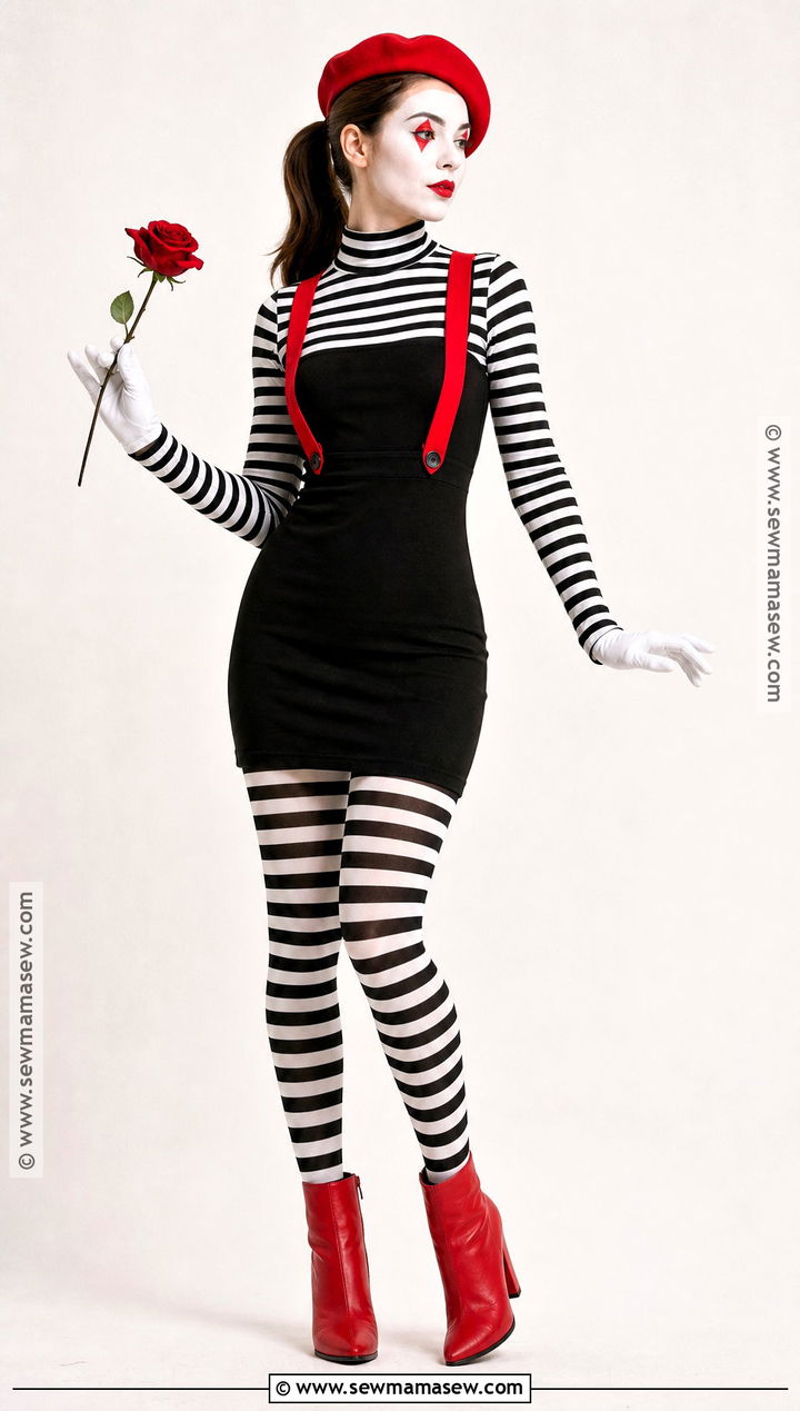 Red And Black Mime Costume With Striped Tights - 30 Mime Costume Ideas for Women