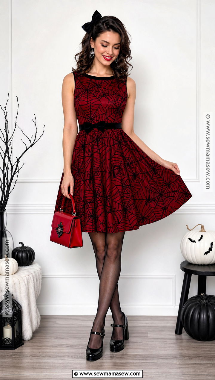 Red And Black Spider Web Dress With Mary Jane Shoes - 30 spider web dress ideas
